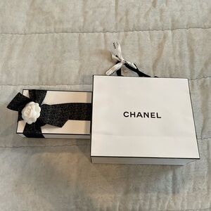 Chanel White Box with Camellia Flower and Holiday Blue Metallic Ribbon and Bag